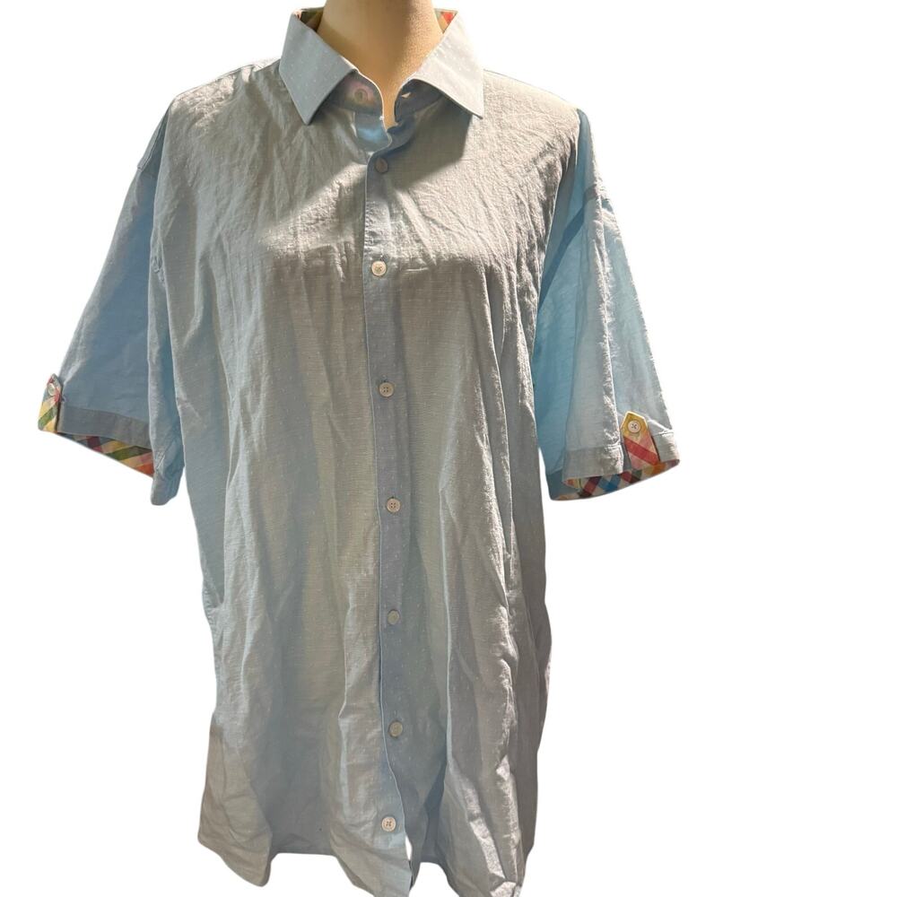 Jared Lang Light Blue Swiss Dot Short Sleeve Shirt, Plaid Trim Detail, Men's 2XL